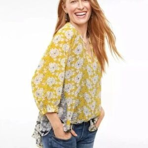 CAbi Ameila Gather Top 5713 Size Small Yellow Floral Sheer Peasant Blouse